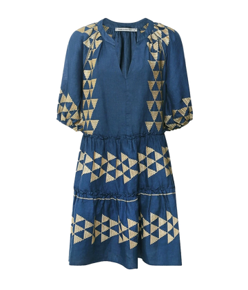 A mini cotton dress in a bright blue colourway, with gold embroidery, v neckline, short puff sleeve, ruffle hem and waistline. Bra friendly, comfrotable, made in Greece, throw on and go, summer dress. 
