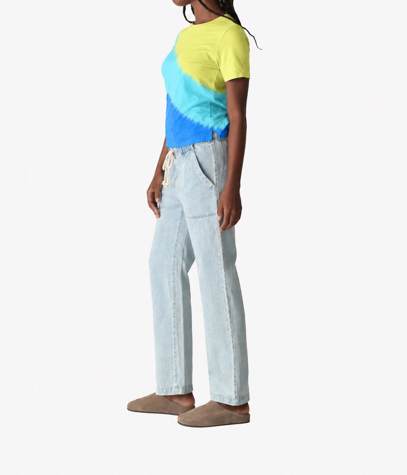 Electric & Rose - Everyday Ombre T-Shirt in Chartreuse Multi - full body model image with model wearing green and blue t-shirt and denim look pants