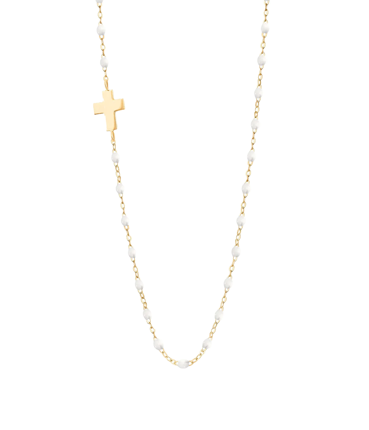 ALT text: Gigi Clozeau Classic Side Cross Necklace in 18ct yellow gold with 42cm fine chain and off-centre resin cross charm