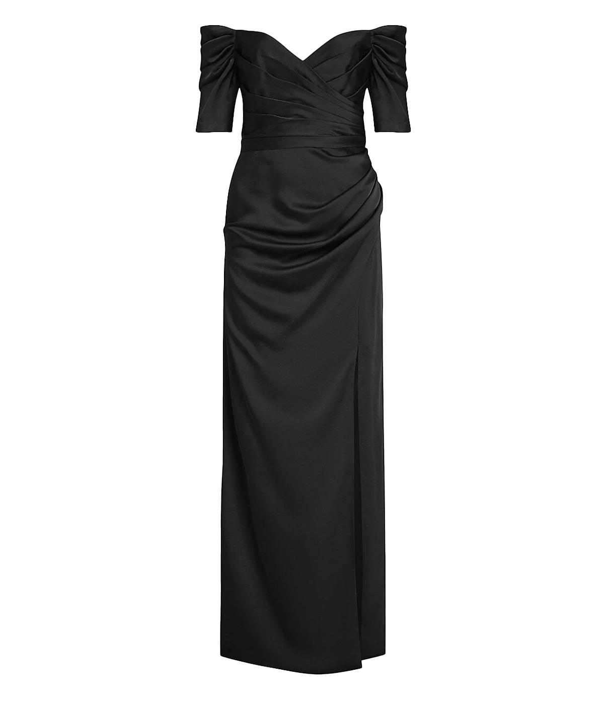  An off the shoulder elevated evening dress, in a black silky fabric, fitted bodice and floor length skirt with glamourous knee length split and gathered detail. Evening dress, formal dress, black tie attire, made in USA, bra friendly, comfortable. 