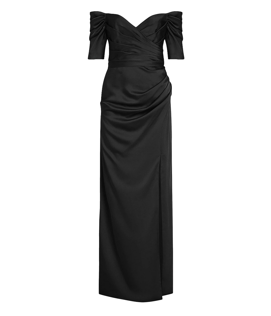  An off the shoulder elevated evening dress, in a black silky fabric, fitted bodice and floor length skirt with glamourous knee length split and gathered detail. Evening dress, formal dress, black tie attire, made in USA, bra friendly, comfortable. 