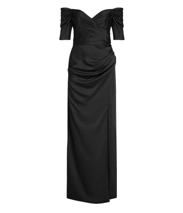  An off the shoulder elevated evening dress, in a black silky fabric, fitted bodice and floor length skirt with glamourous knee length split and gathered detail. Evening dress, formal dress, black tie attire, made in USA, bra friendly, comfortable. 
