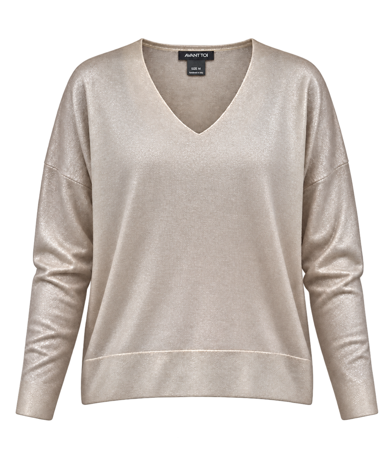 Front product view of Avant Toi Knitted Pullover in Noce Moscata showing the V neckline and metallic finish