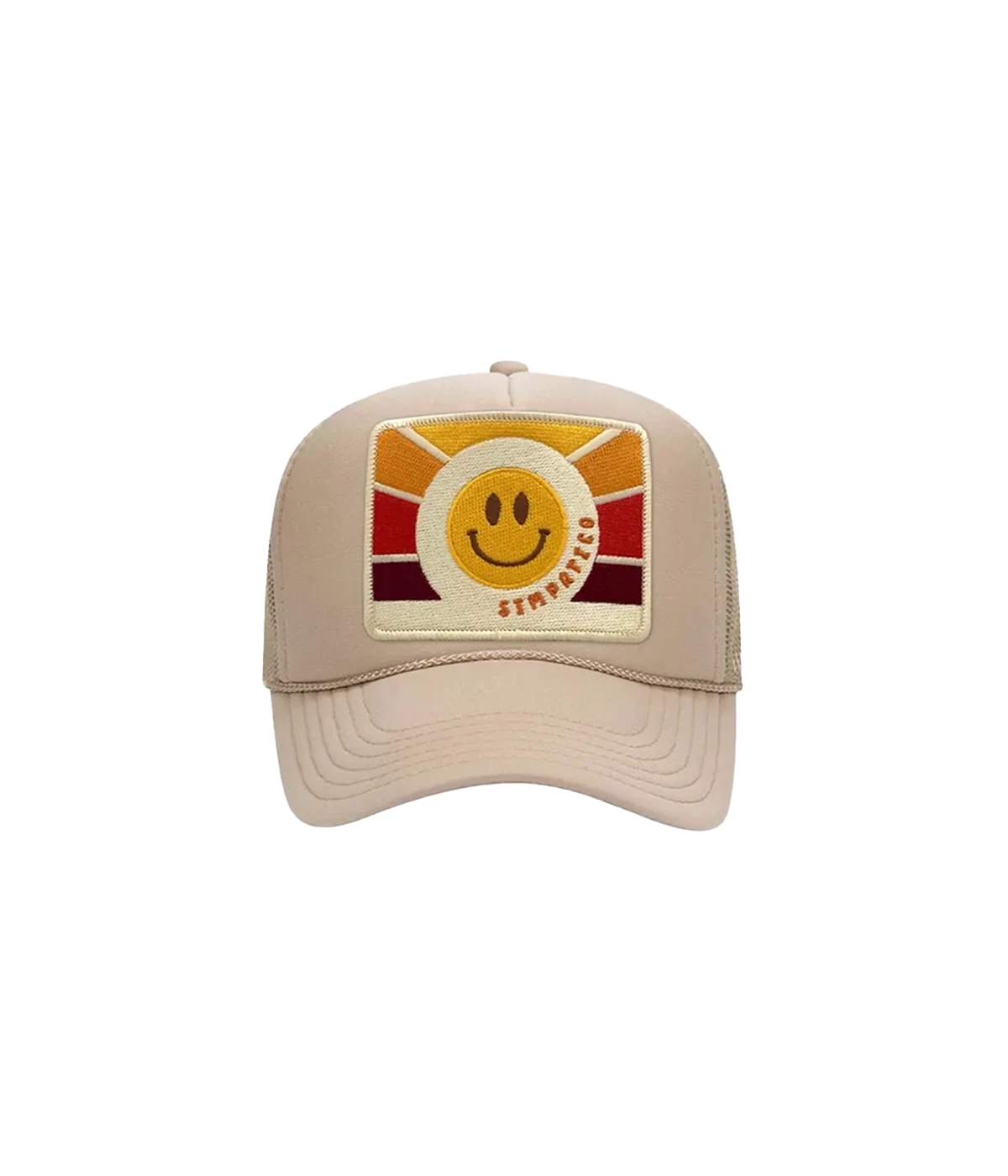 A statement trucker hat in a neutral beige colourway, featuring a red, orange and yellow sunrise style smile face and sympatico written  text, curved brim hat and netted back. Statement hat, throw on and go, easy to wear, summer staple, made internationally. 