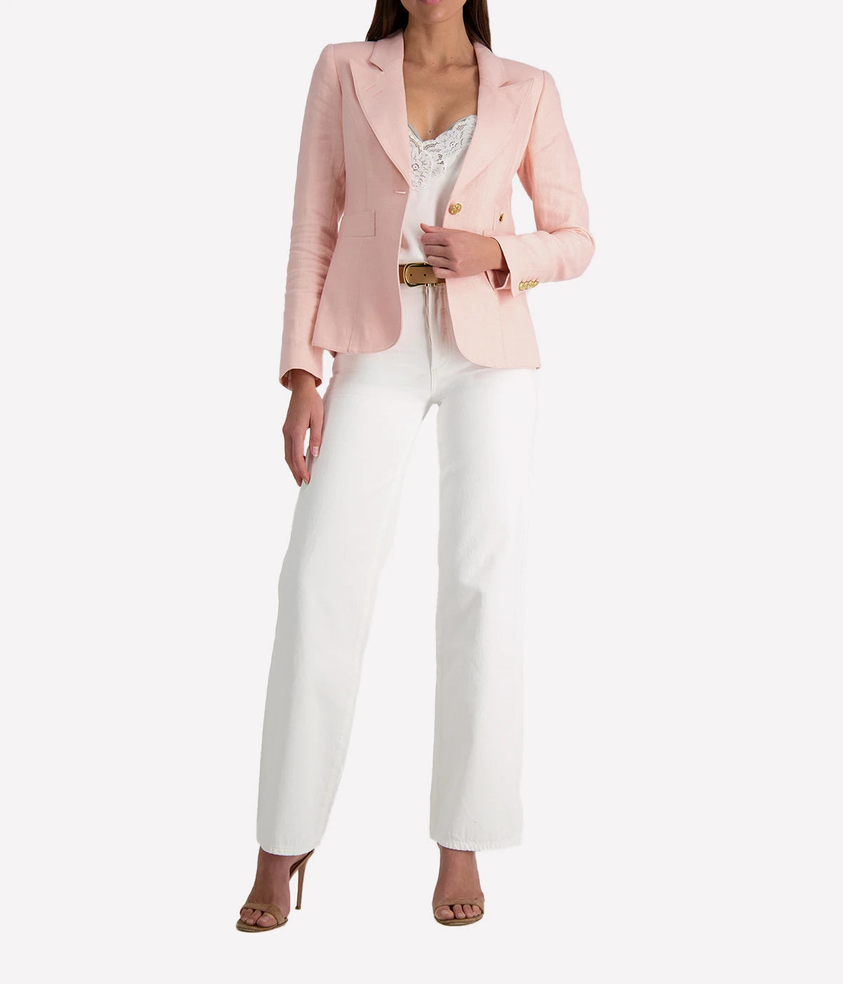 featuring brass hardware and a cut-out back detail. Ideal for a stylish yet professional look.