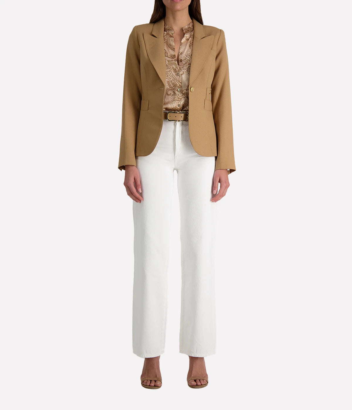 ALT text for images: Tailored blazer with brass hardware, cut-out back detail, and single-breasted design, styled with a dress and shorts for versatile looks.