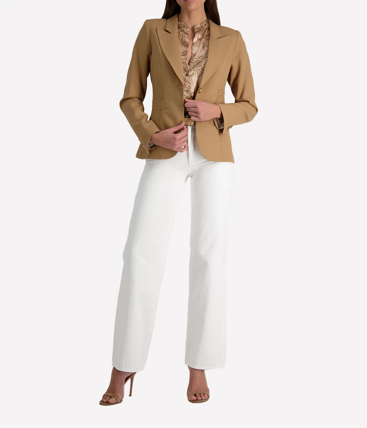 ALT text for images: Tailored blazer with brass hardware, cut-out back detail, and single-breasted design, styled with a dress and shorts for versatile looks.