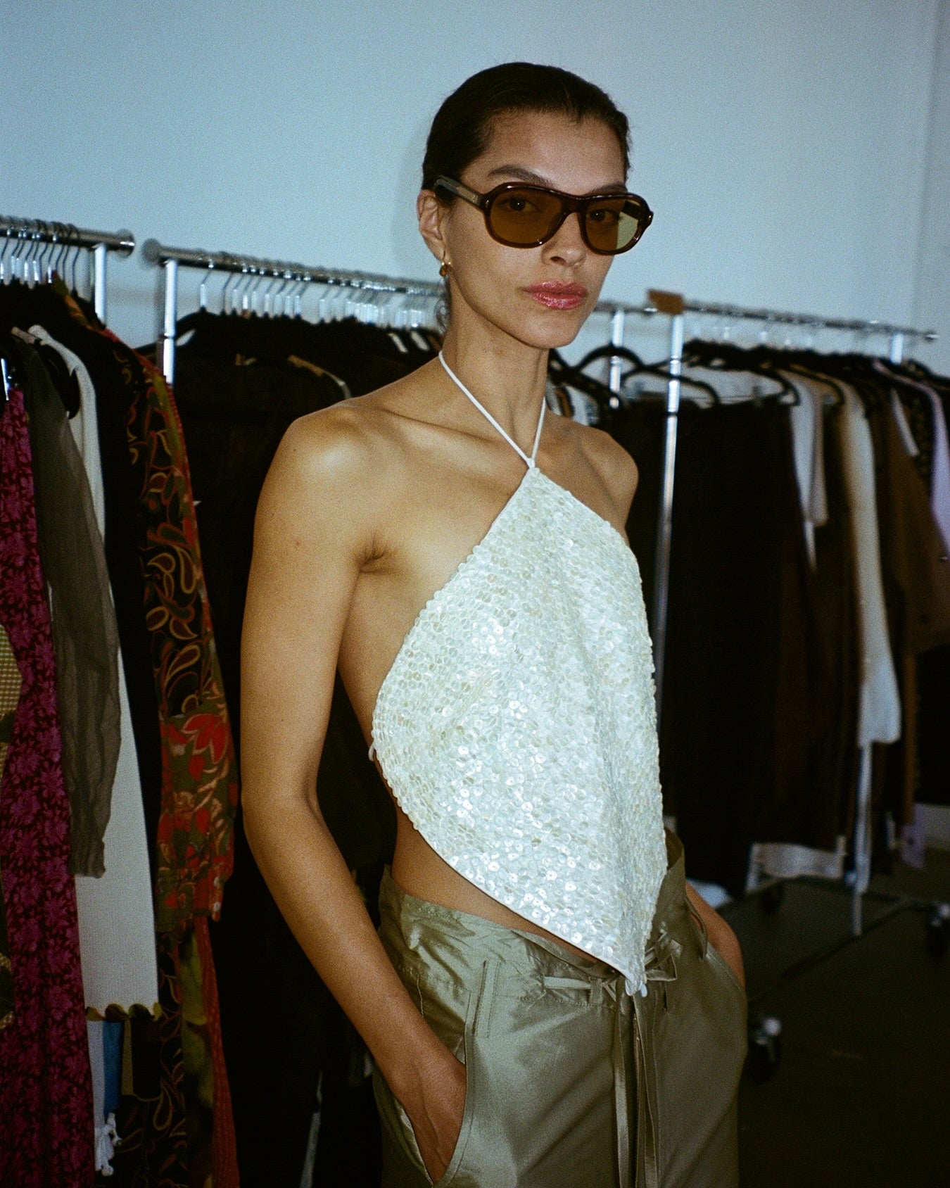 Shell Button Backless Halter Top in Natural, full-length front view on model
