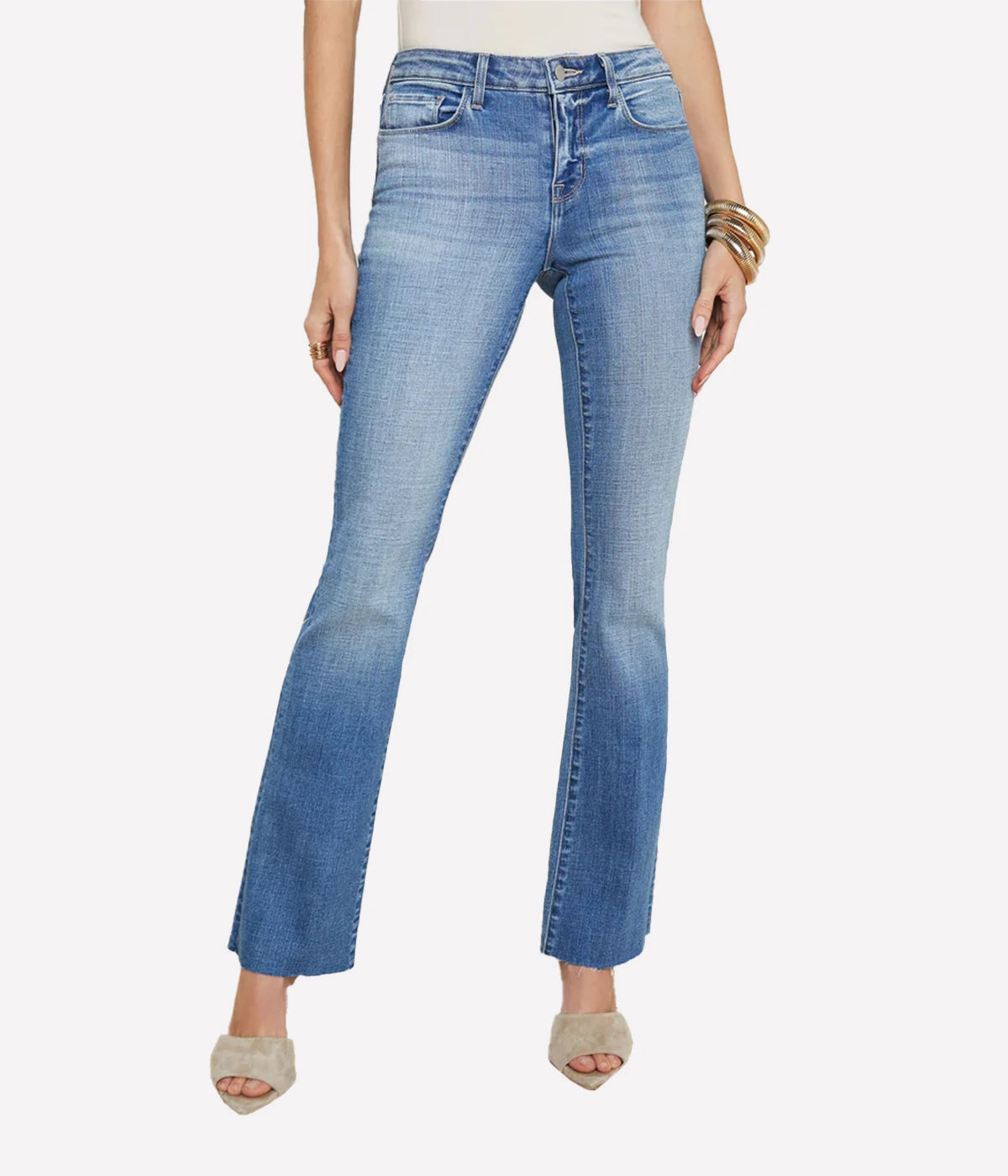 Straight-leg jeans with a contoured waistband, styled with both casual and dressy outfits.