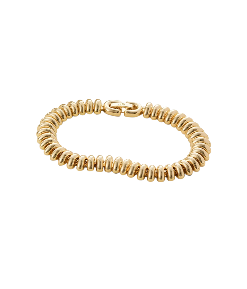 Jenny Bird Sofia Bracelet in Gold laid flat and closed, showing the chunky stacked ribbed links and clasp