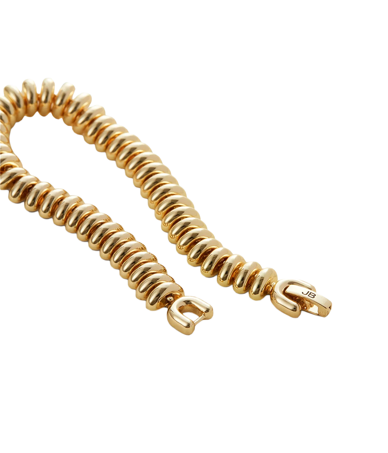 Jenny Bird Sofia Bracelet in Gold laid open, showing the full length of the stacked links and the clasp at each end