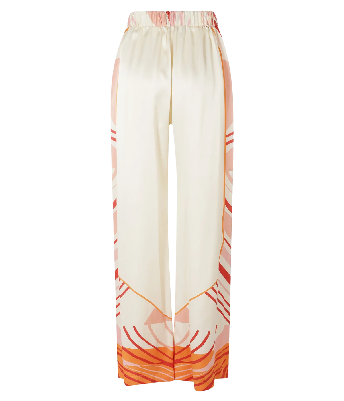 Raquel Diniz Sofia Pants In Ivory Pink Tangerine Red, laid flat from the back, showing the elasticated waist and printed hem