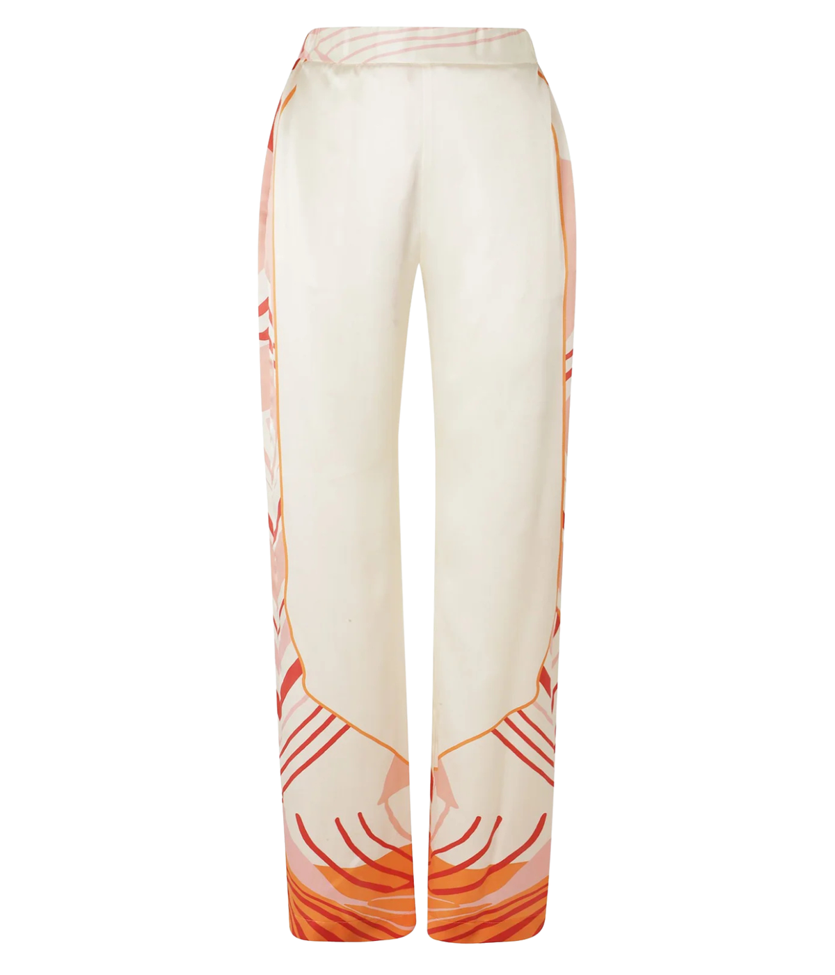Raquel Diniz Sofia Pants In Ivory Pink Tangerine Red - White pants with red and orange geometric pattern on a white background