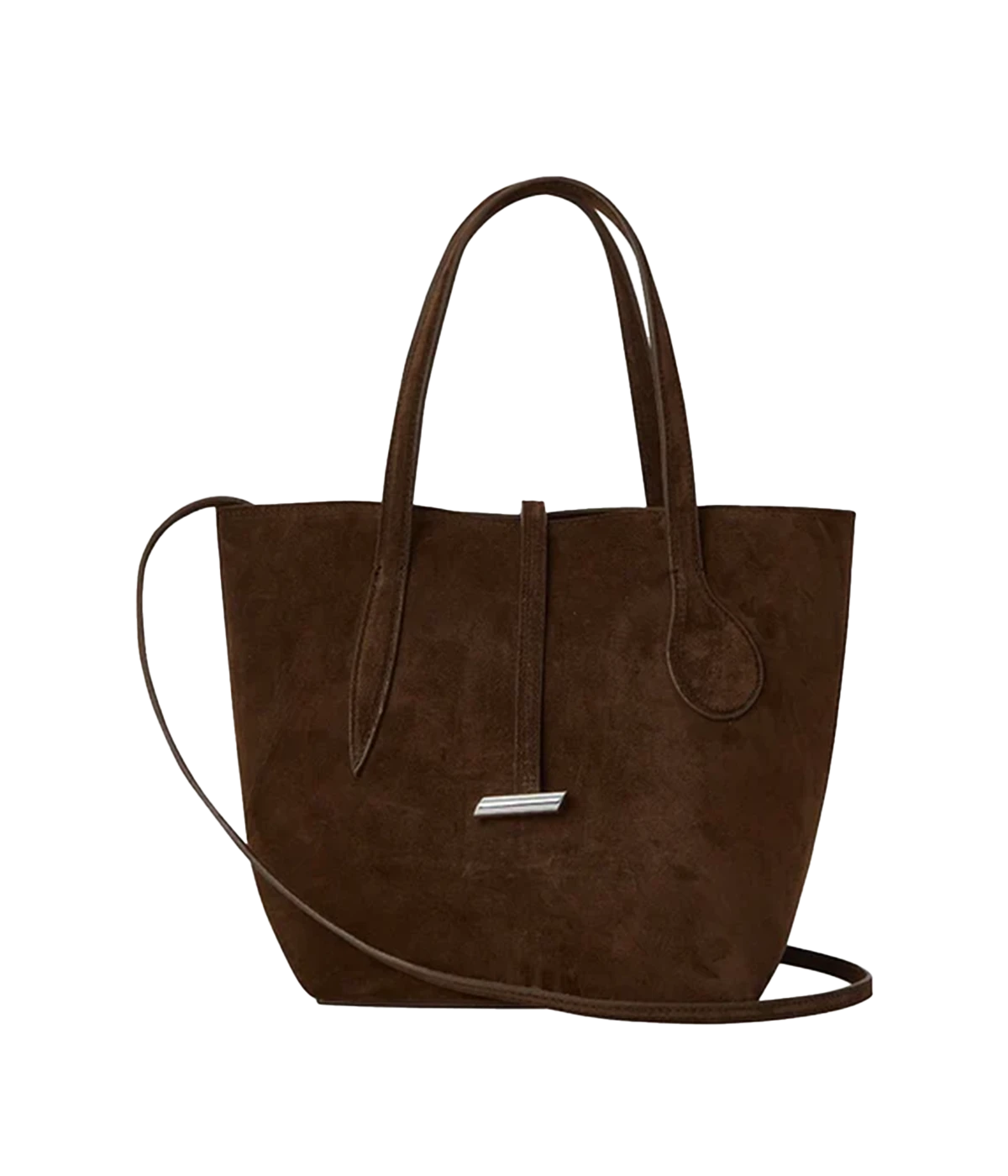 ALT text: Mini Sprout Tote in dark brown with gold penne-inspired hardware, detachable shoulder strap, and internal zip pocket.