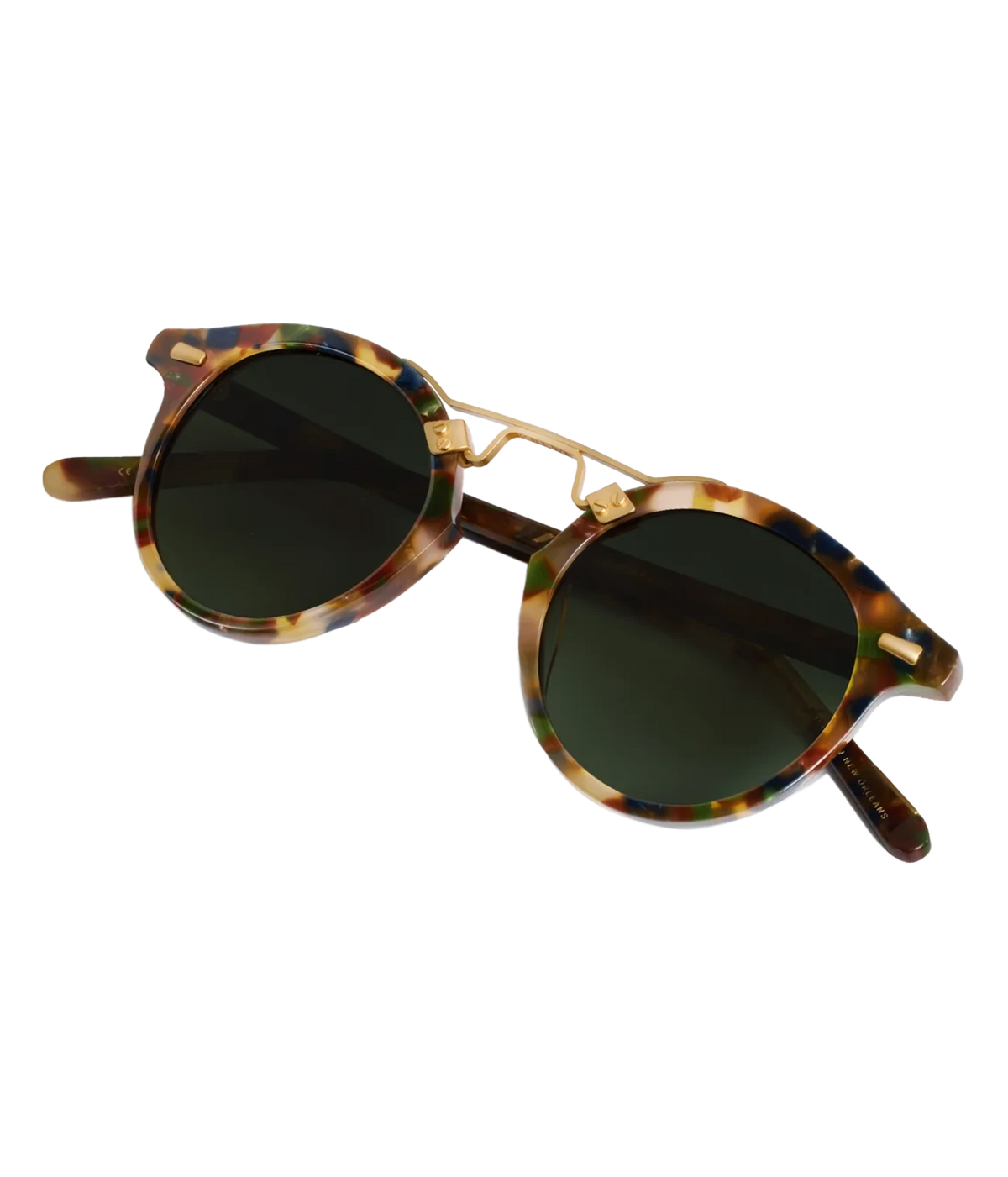 Angled view of the KREWE St. Louis Sunglasses in 18K Tuscan Tortoise, showing the gold brow bar and round green lenses