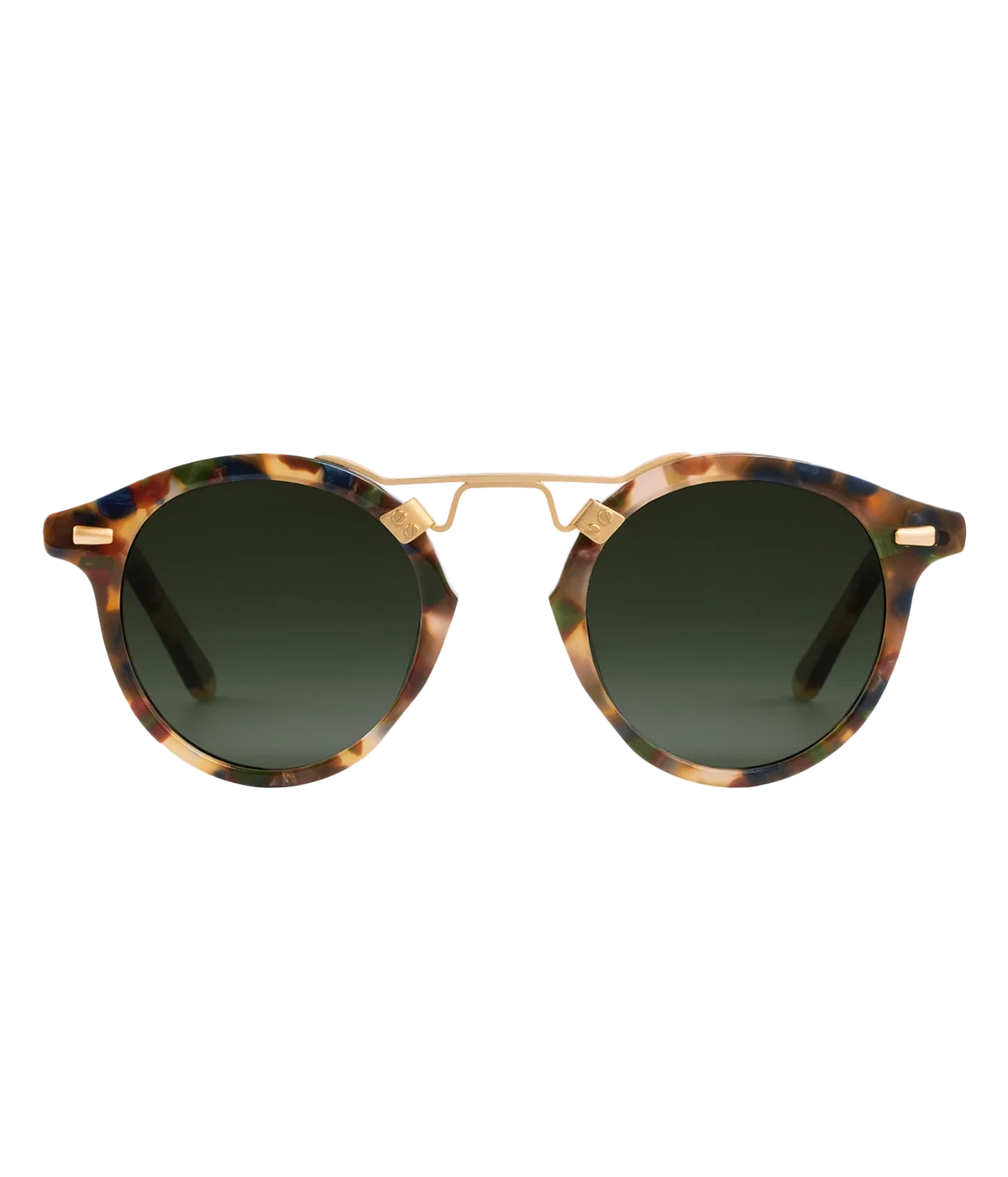 Front view of the KREWE St. Louis Sunglasses in 18K Tuscan Tortoise, showing the round tortoise frame, gold brow bar and green lenses