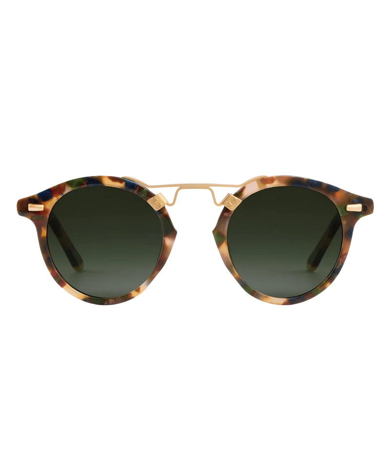 Front view of the KREWE St. Louis Sunglasses in 18K Tuscan Tortoise, showing the round tortoise frame, gold brow bar and green lenses