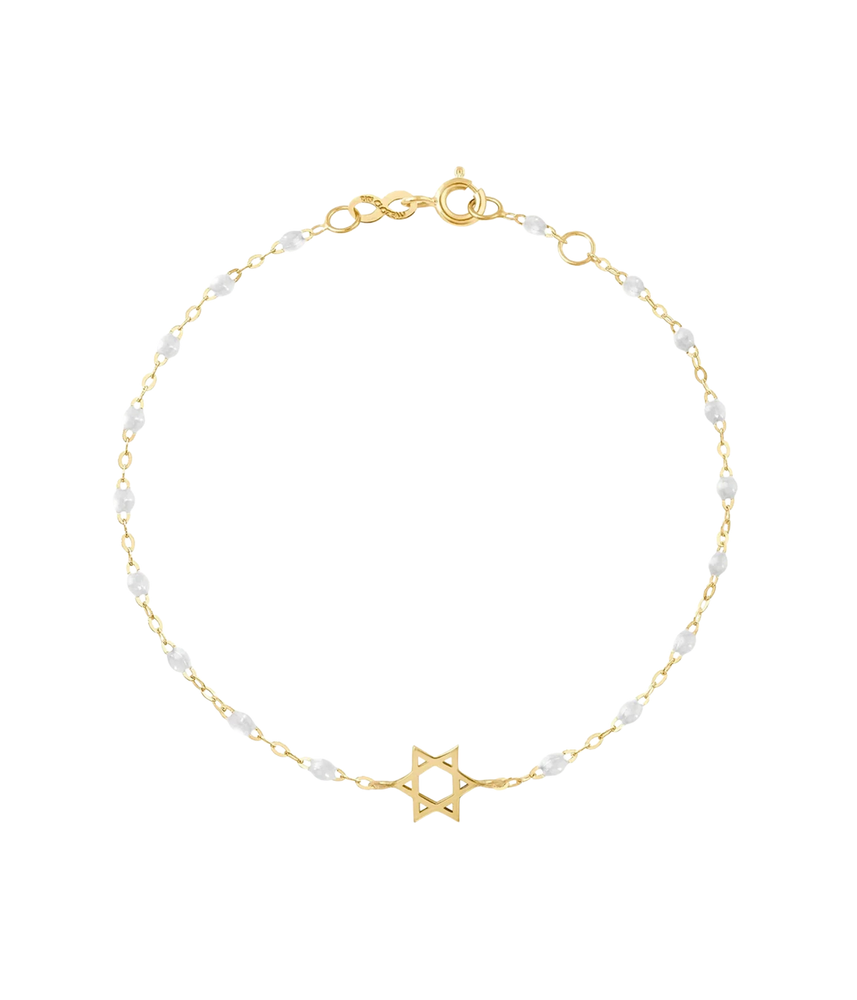 gigiCLOZEAU Star of David Classic 17cm Gigi Bracelet 18K Yellow Gold in White laid flat, showing the small gold Star of David charm on a chain of white resin beads with a gold clasp