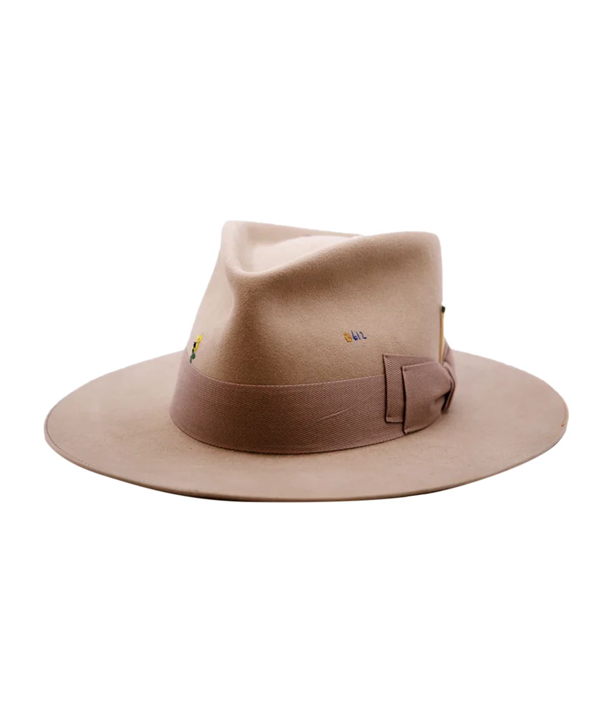 A stand out investment piece hand made in USA, a stylist wide brim felt hat, with 100% natural felt, raw hem and signature match stick. Throw on and go, summer hat, trendy, special, camel colourway, rainbow embroidery.