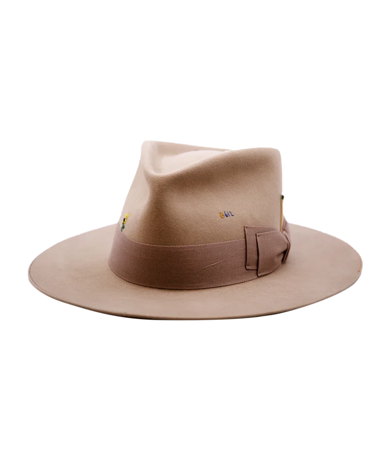 A stand out investment piece hand made in USA, a stylist wide brim felt hat, with 100% natural felt, raw hem and signature match stick. Throw on and go, summer hat, trendy, special, camel colourway, rainbow embroidery.