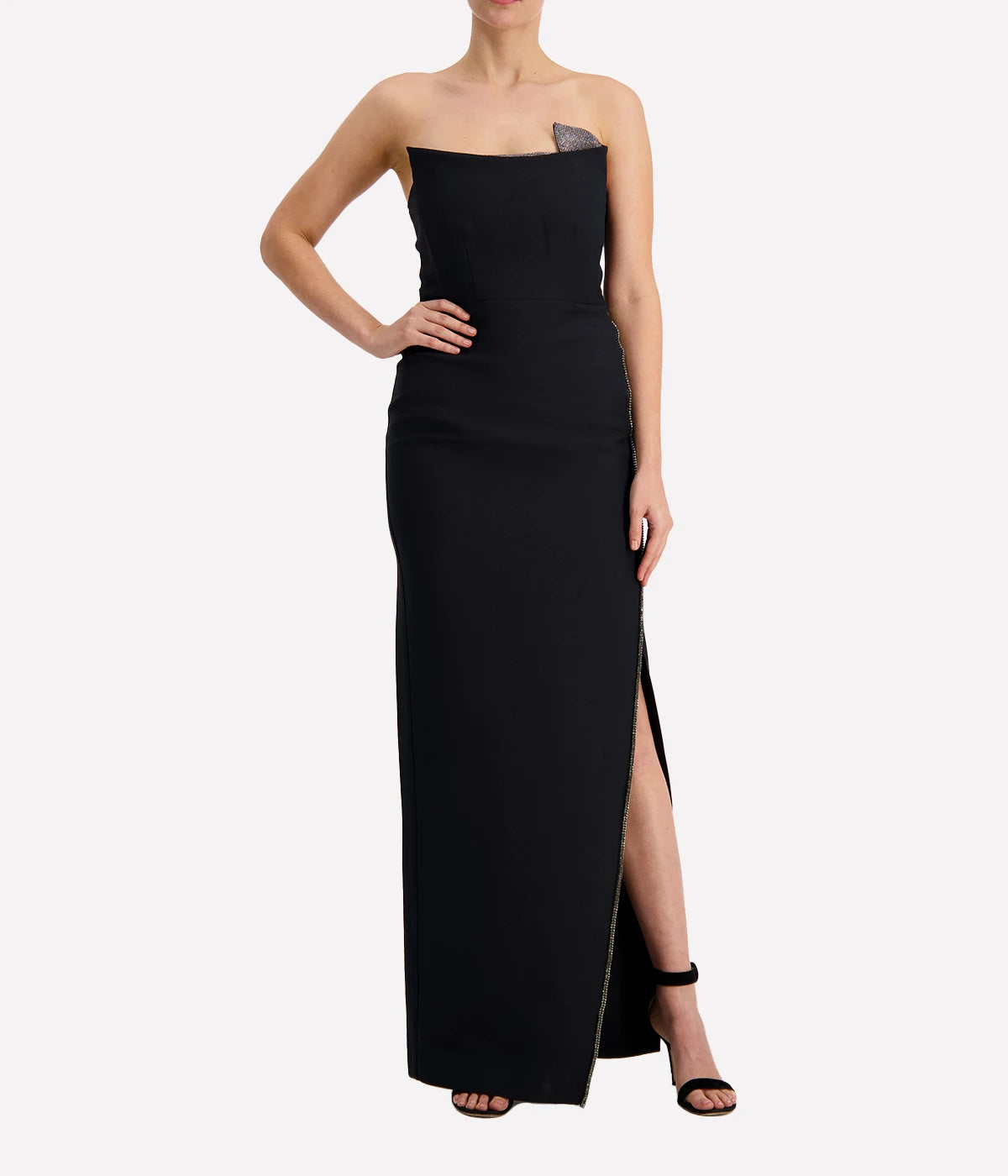 Strapless Silk Embellished Maxi Dress in Black