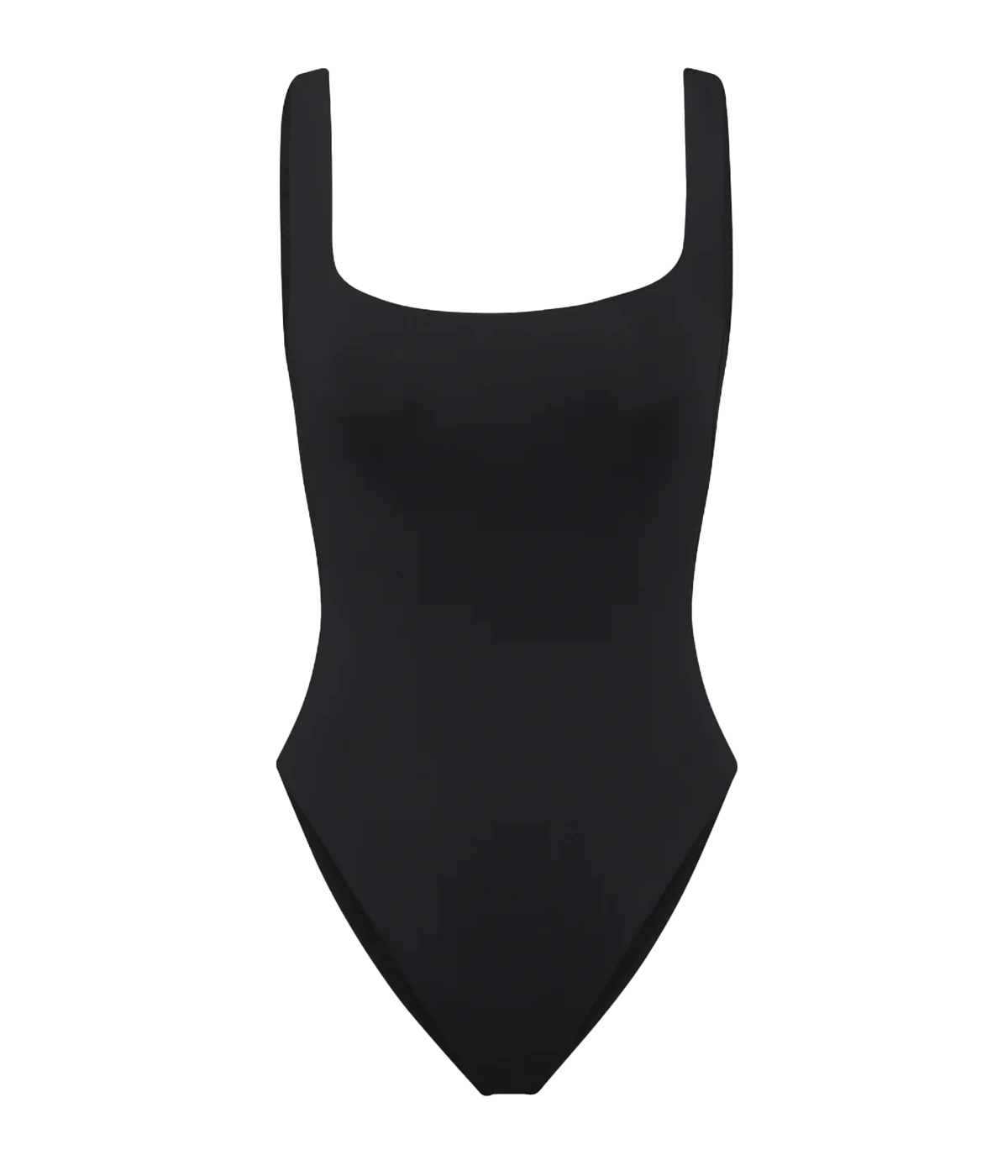 A black onepiece swimming suit with a square neckline. Timeless and elegant, this bathing suit can be worn in the water, or as a wardrobe staple every day. Double lined and made of compressive fabric, this is a flattering piece with medium bum coverage. 