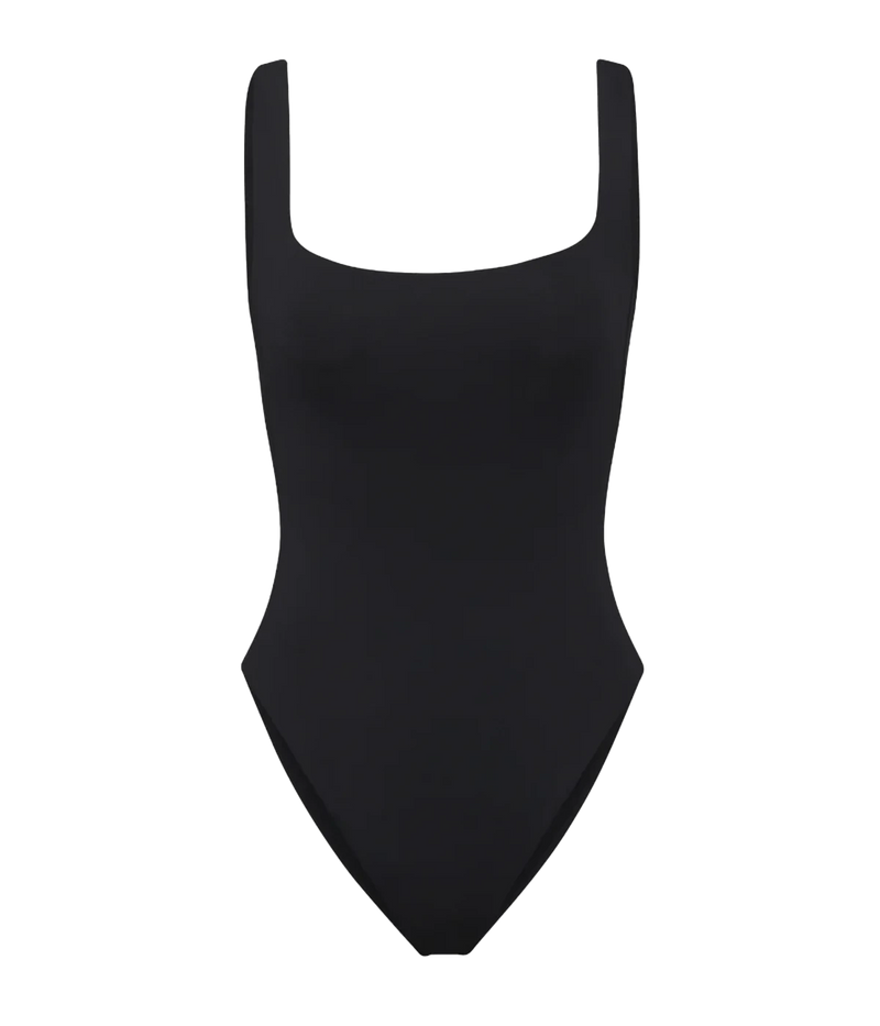 A black onepiece swimming suit with a square neckline. Timeless and elegant, this bathing suit can be worn in the water, or as a wardrobe staple every day. Double lined and made of compressive fabric, this is a flattering piece with medium bum coverage. 
