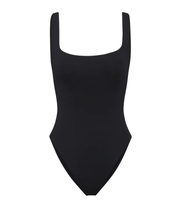 A black onepiece swimming suit with a square neckline. Timeless and elegant, this bathing suit can be worn in the water, or as a wardrobe staple every day. Double lined and made of compressive fabric, this is a flattering piece with medium bum coverage. 