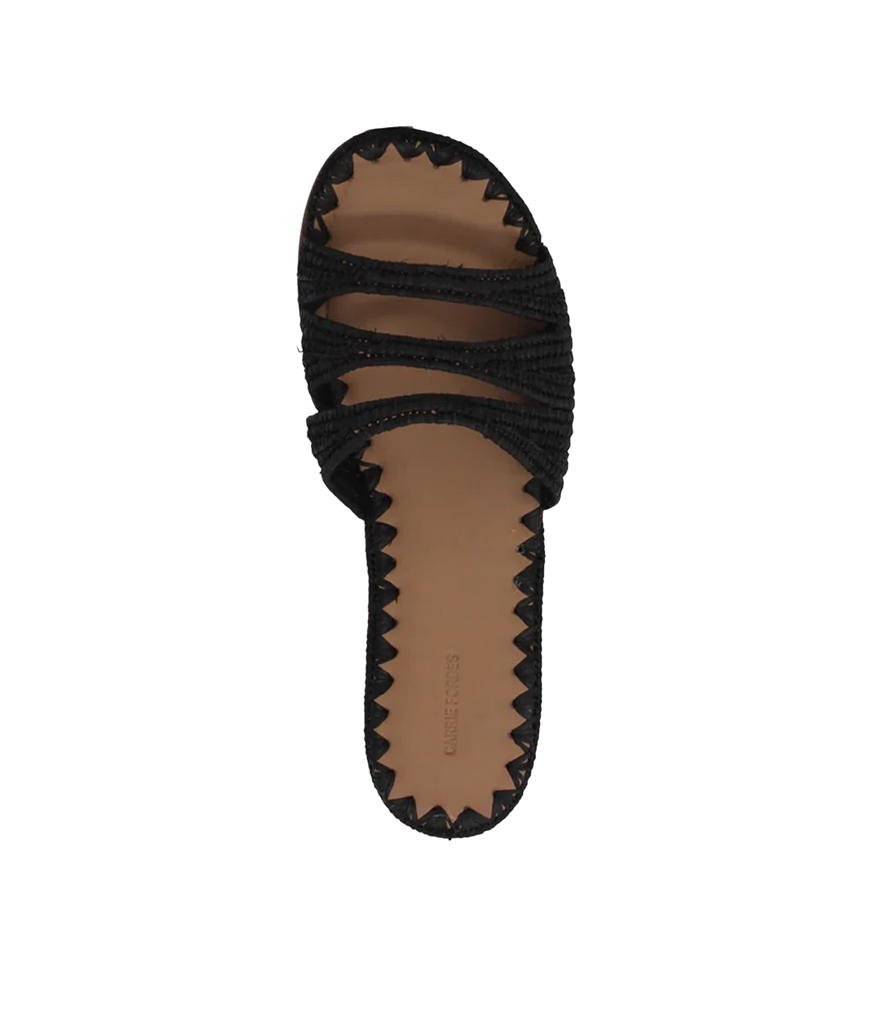Open-toe slides, perfect for summer, Wear with dresses or denim for casual outings. Raffia upper and leather inner and outer sole, whipstitch trim. 