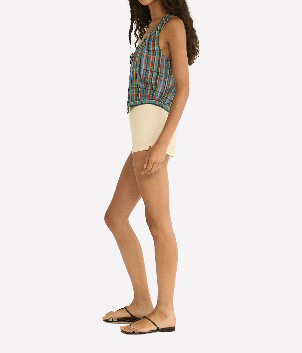 DÔEN Theo Top in Alderbrook Plaid, side model view highlighting the cropped silhouette.
