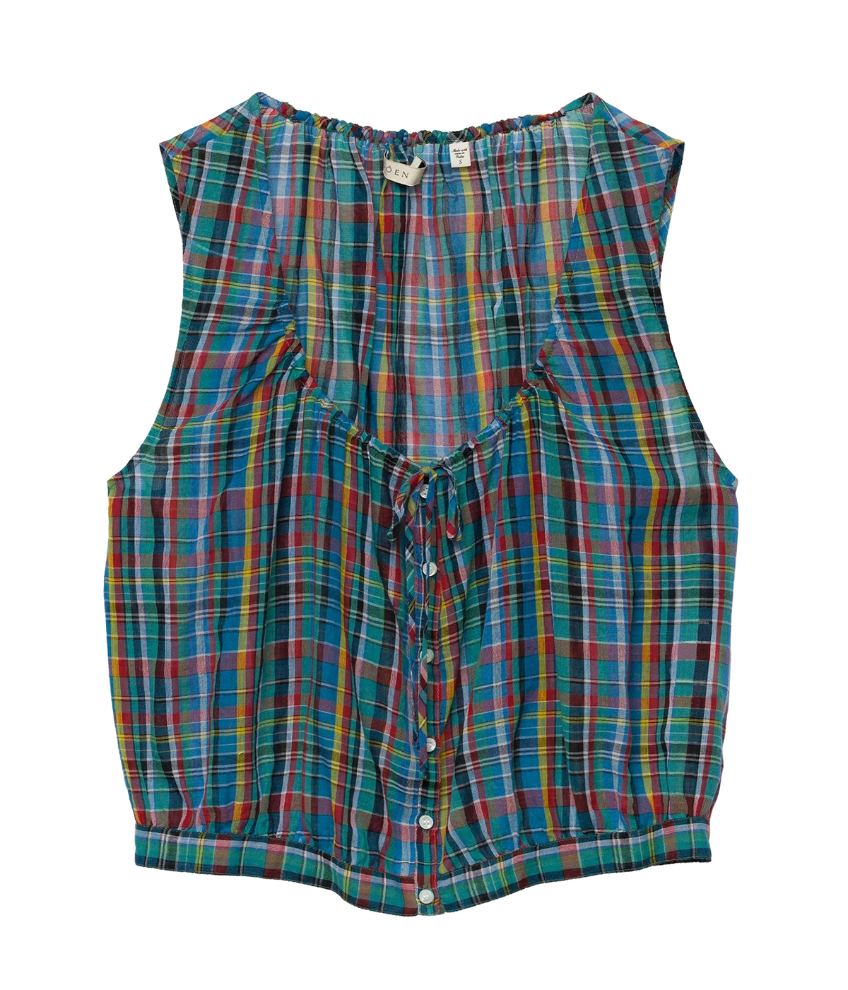 A sleeveless plaid vest top with a button-down front, featuring a vibrant multicolor tartan pattern of blue, green, red, and yellow on a white background.