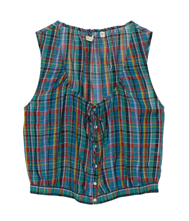 DÔEN Theo Top in Alderbrook Plaid, product view highlighting the scoop neckline and cropped plaid silhouette.