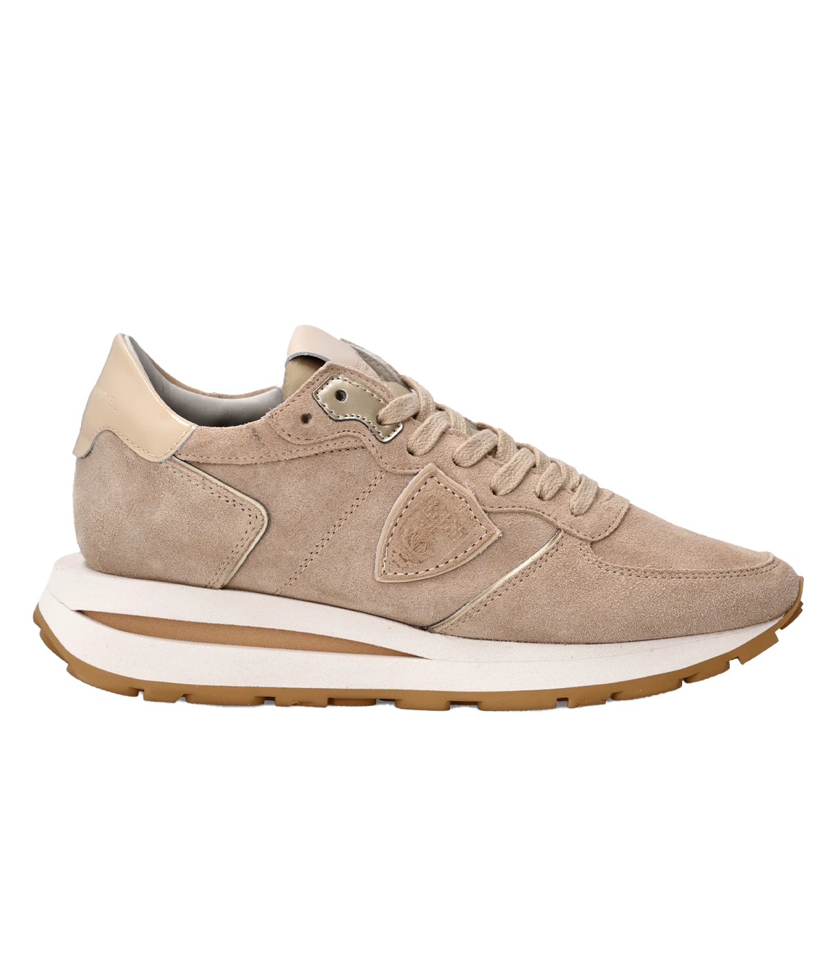 ALT TEXT: Philippe Model Tropez Haute Low Woman sneaker in Daim Rose, featuring suede, leather, and a 3 cm sole.
