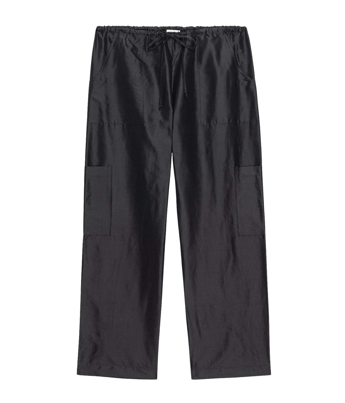 Black cargo pants with an elastic drawstring waist and large side cargo pockets, shown flat against a white background.