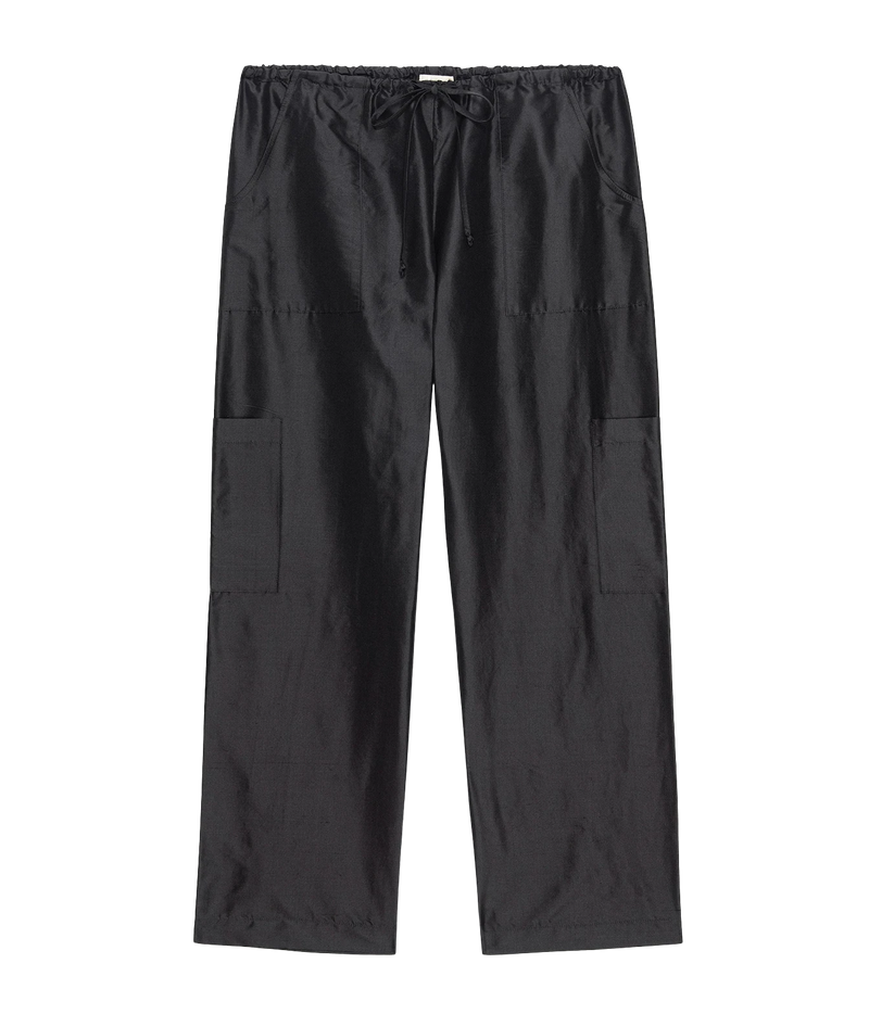 Black cargo pants with an elastic drawstring waist and large side cargo pockets, shown flat against a white background.