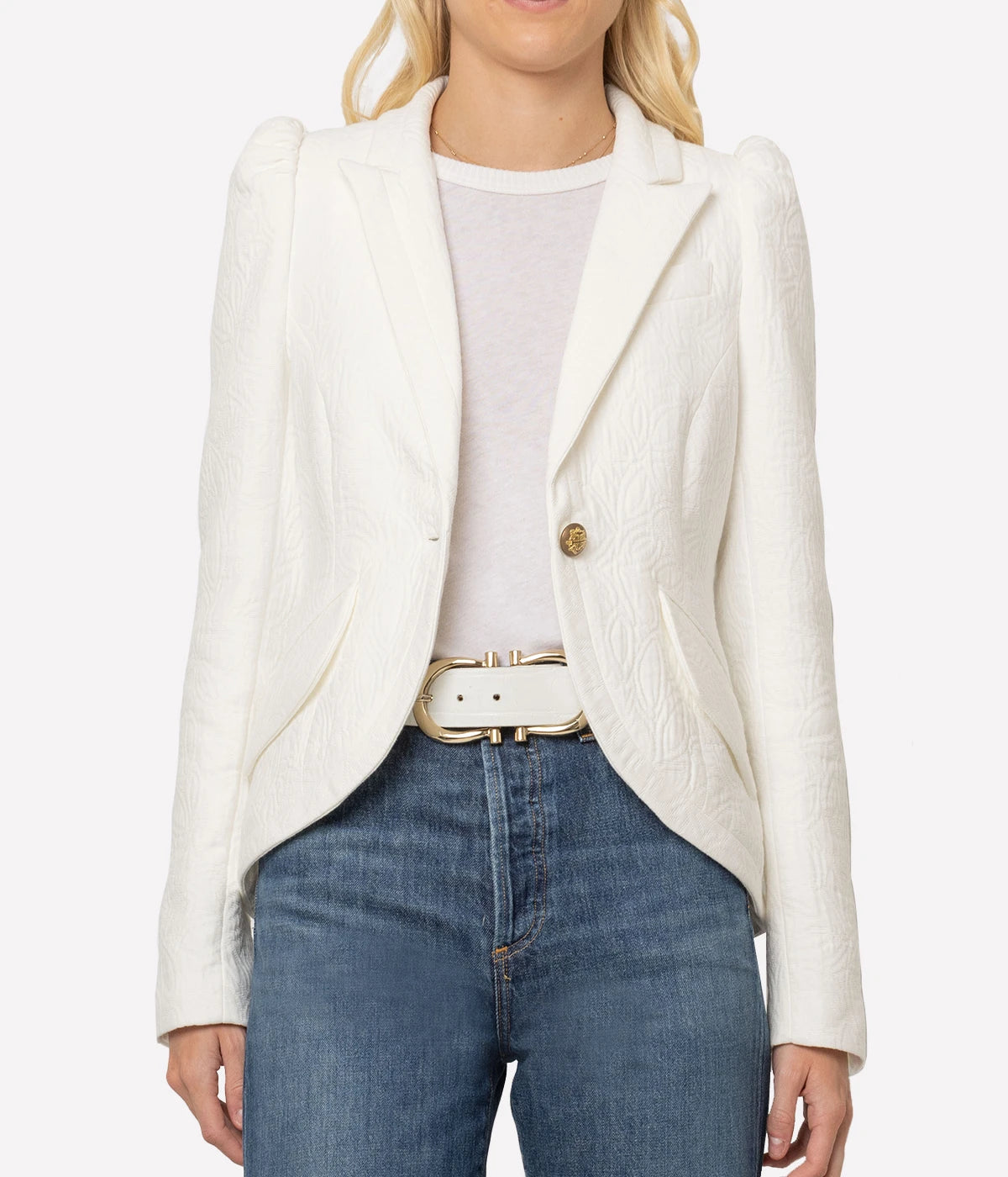 Taped Pouf Sleeve One Button Blazer in White Jacquard