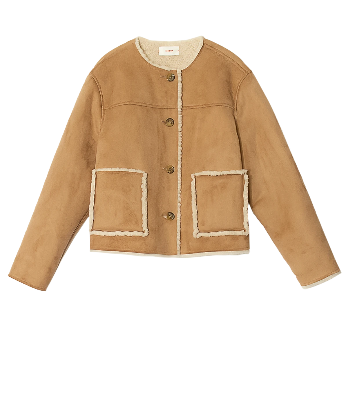 A shearling long sleeve jacket in a camel suede, contrast shearling pocket detailing, button down, winter jacket, bra friendly, made in USA, scoop neckline. 