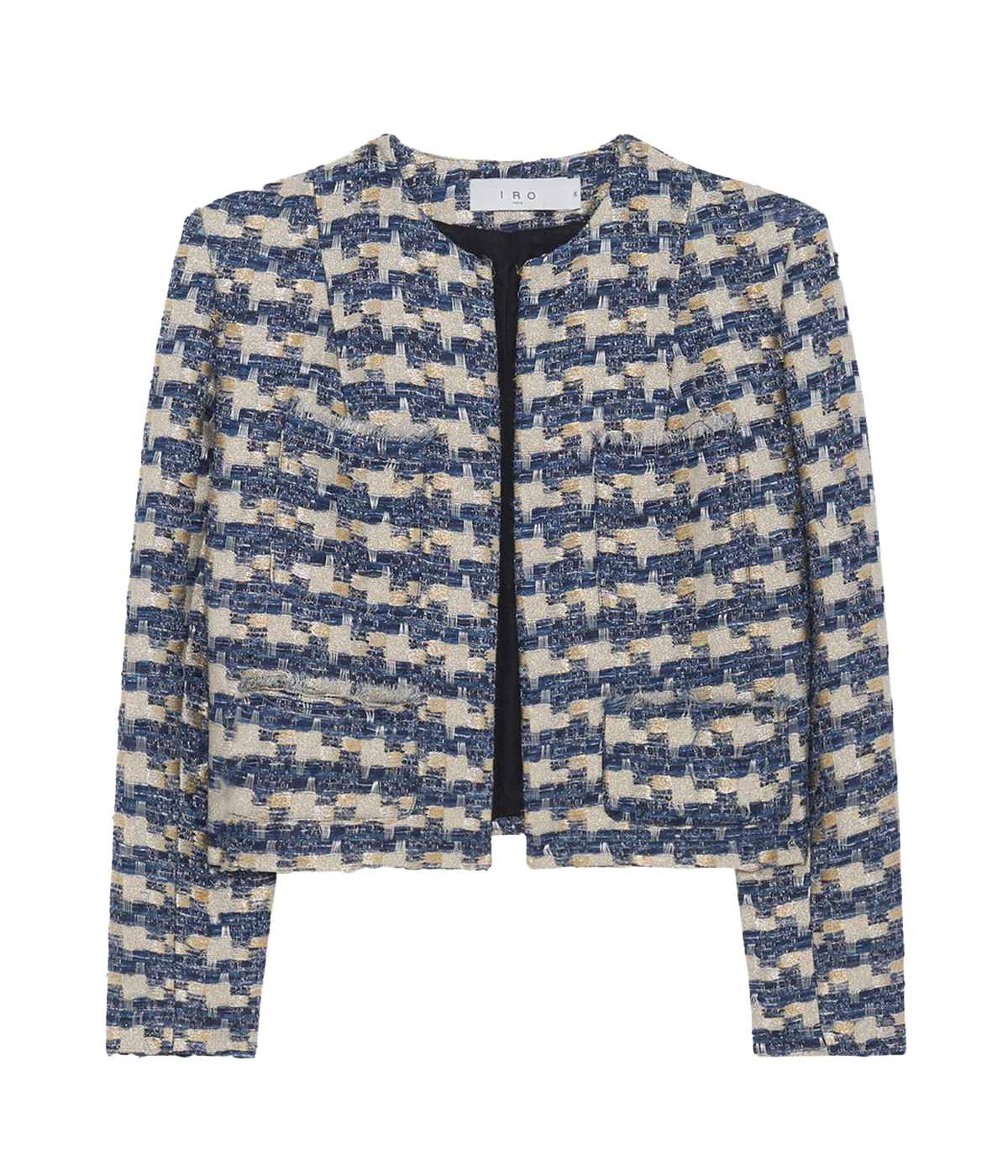 A cropped tween blue and gold houndstooth jacket with a round neck and straight cut. Fringed front pockets add a subtle cool touch. 