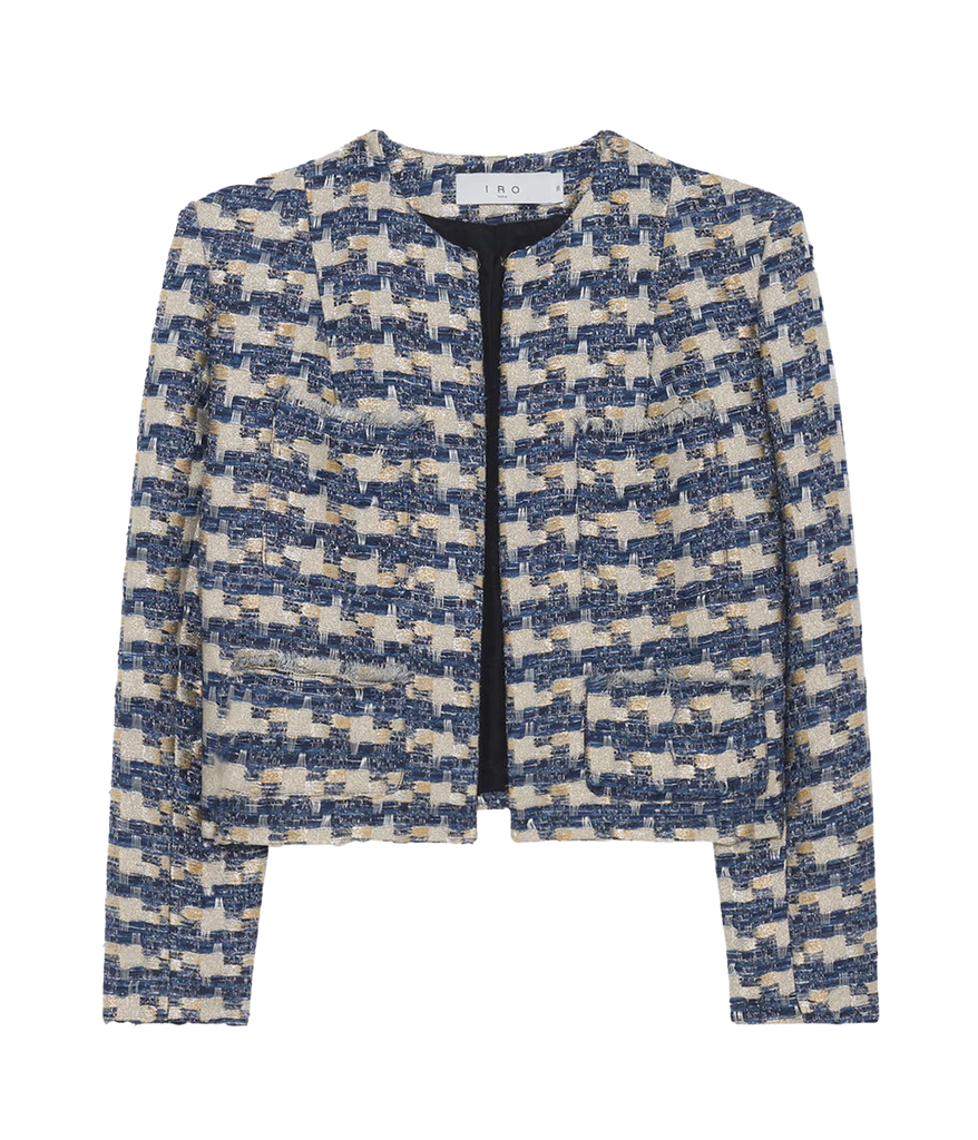 A cropped tween blue and gold houndstooth jacket with a round neck and straight cut. Fringed front pockets add a subtle cool touch. 