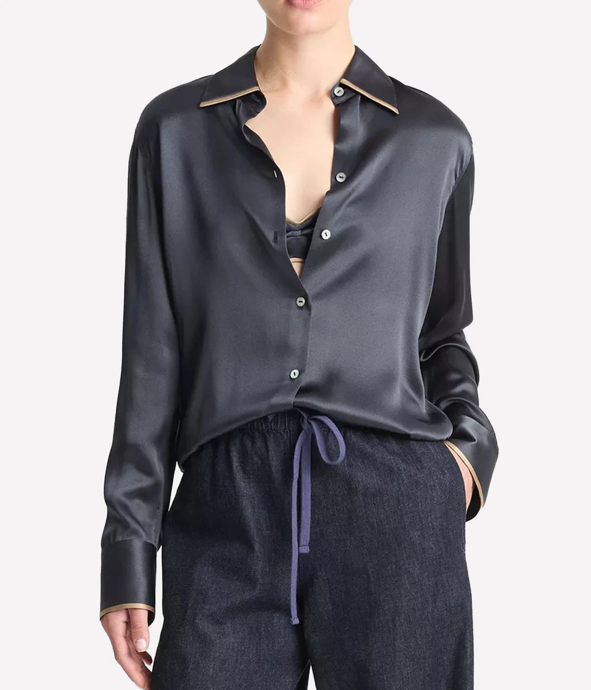 Tipped Slim Long Sleeve Blouse in Graphite Rye