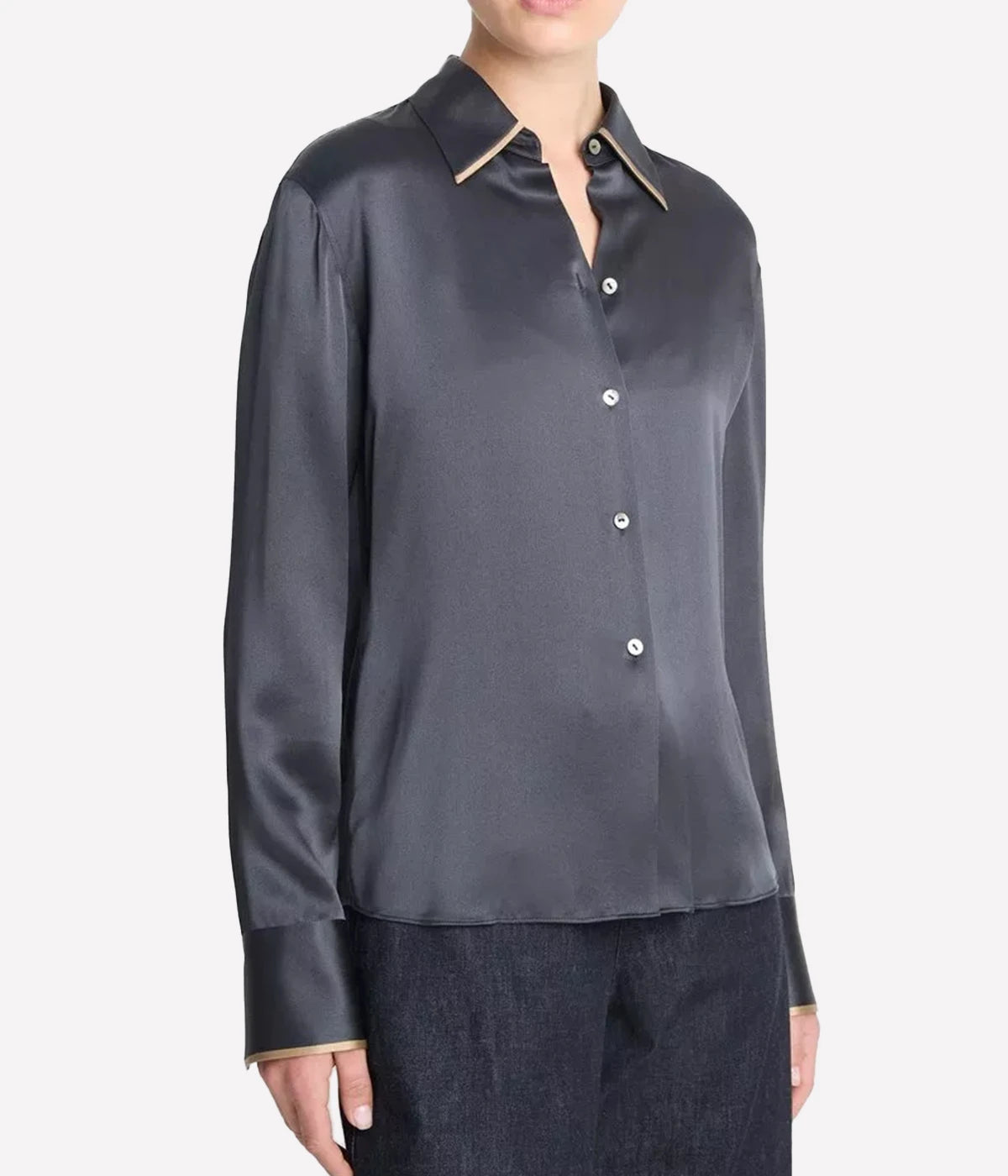 Tipped Slim Long Sleeve Blouse in Graphite Rye