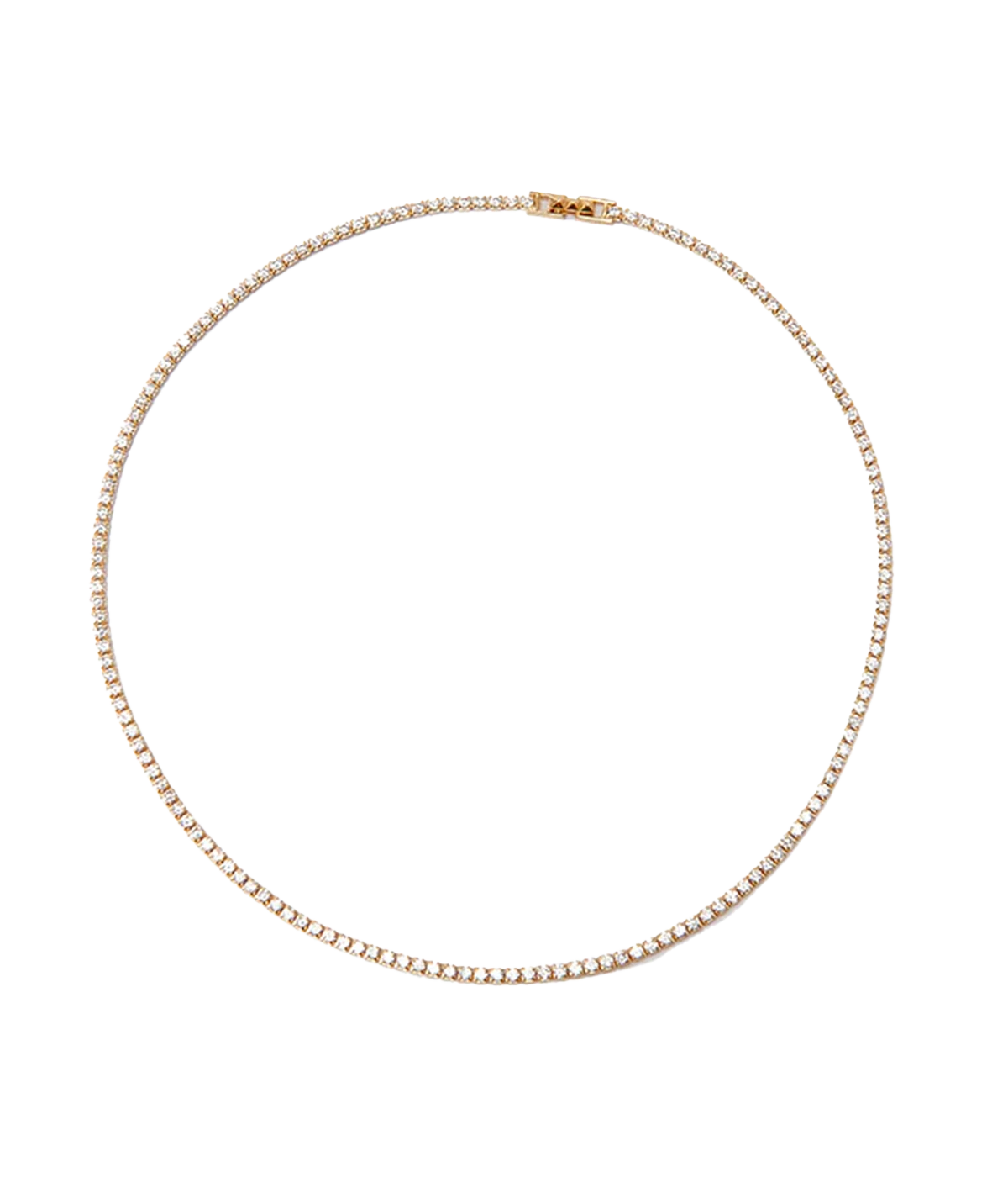 A classic everyday crystal necklace with yellow clasp detailing. Date night, layering piece, comfortable, quiet luxury, effortless, made internationally.