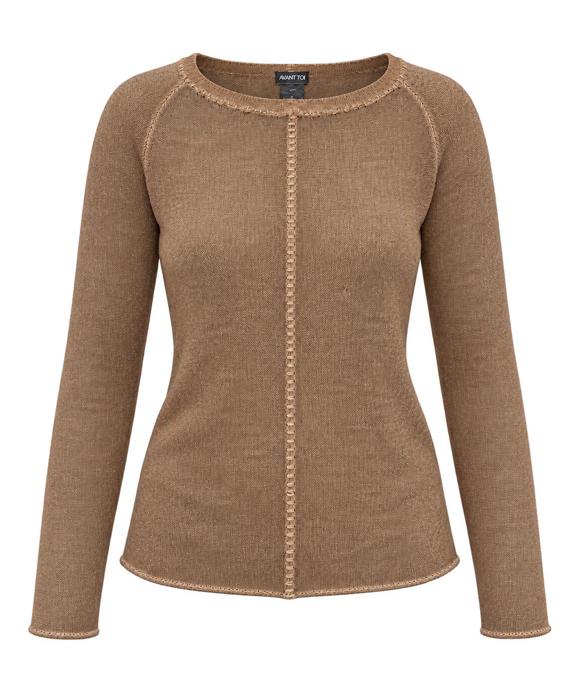 Front product view of Avant Toi Maglia Pullover in Sughero showing the boatneck and contrast stitching