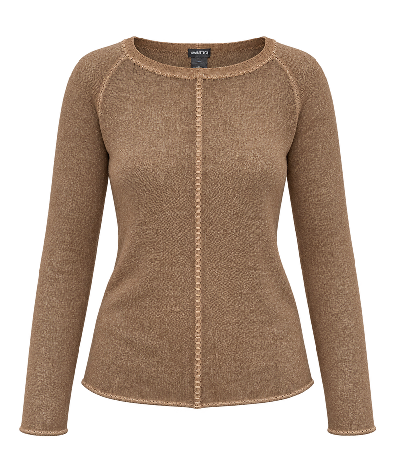 Front product view of Avant Toi Maglia Pullover in Sughero showing the boatneck and contrast stitching