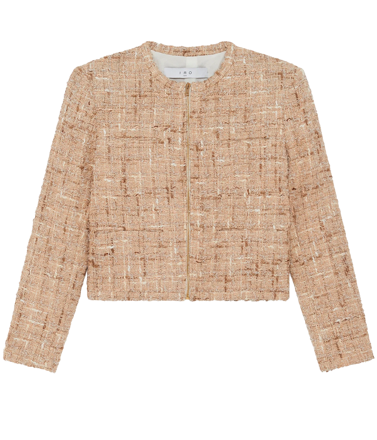 A light beige tweed long sleeve casual jacket, with round neckline, front pockets, checkered tweed pattern, gold harwear and walt pockets. Chanel inspired, throw on and go, long sleeves, bra friendly, matching set. 