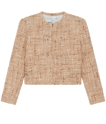 A light beige tweed long sleeve casual jacket, with round neckline, front pockets, checkered tweed pattern, gold harwear and walt pockets. Chanel inspired, throw on and go, long sleeves, bra friendly, matching set. 