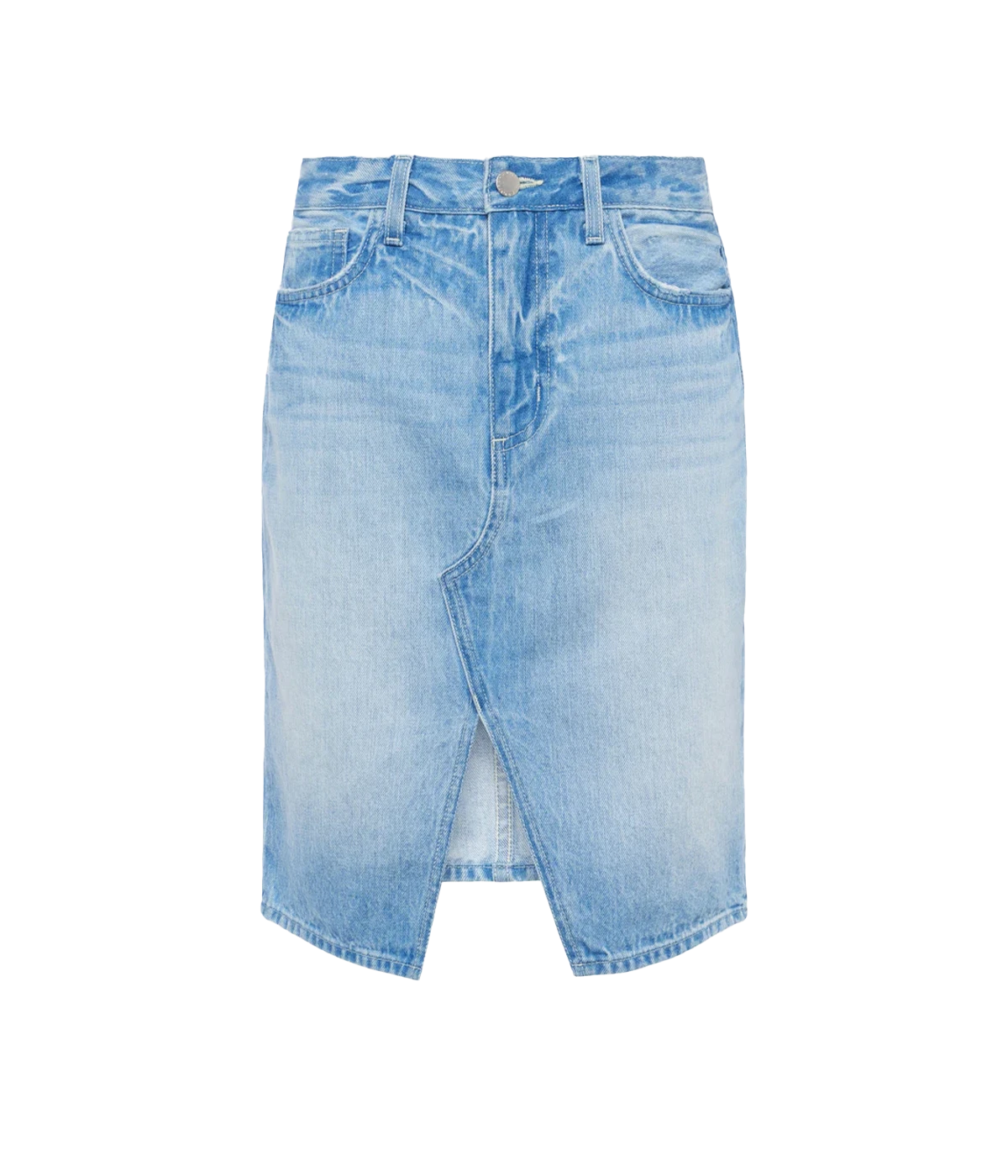 Vintage-inspired denim skirt with a split hem, styled with a linen blouse and sandals for a casual yet refined summer look.