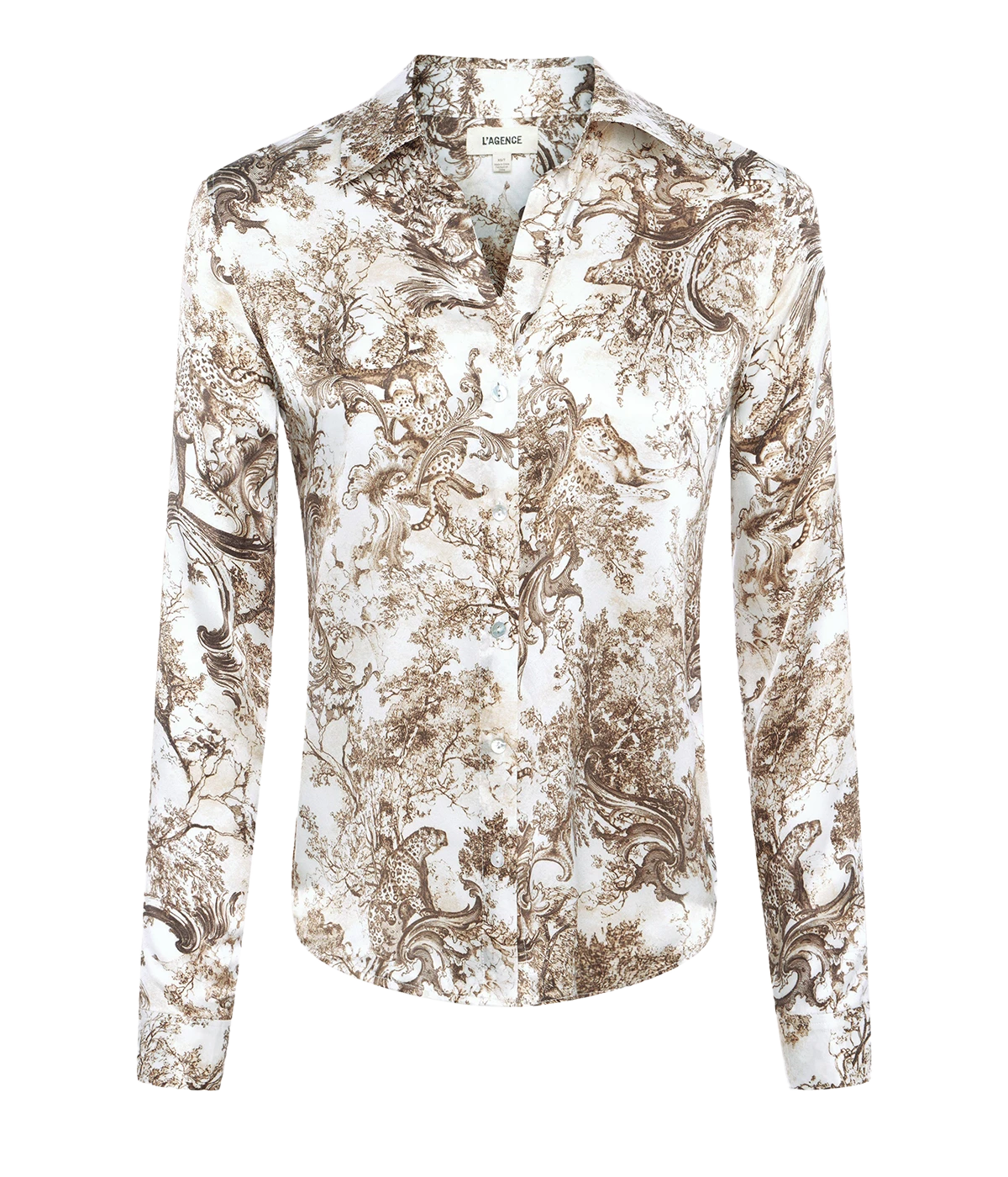 ALT Text: Silk button-down shirt with a sharp collar, pleated back yoke, and long sleeves, offered in various colours and prints.