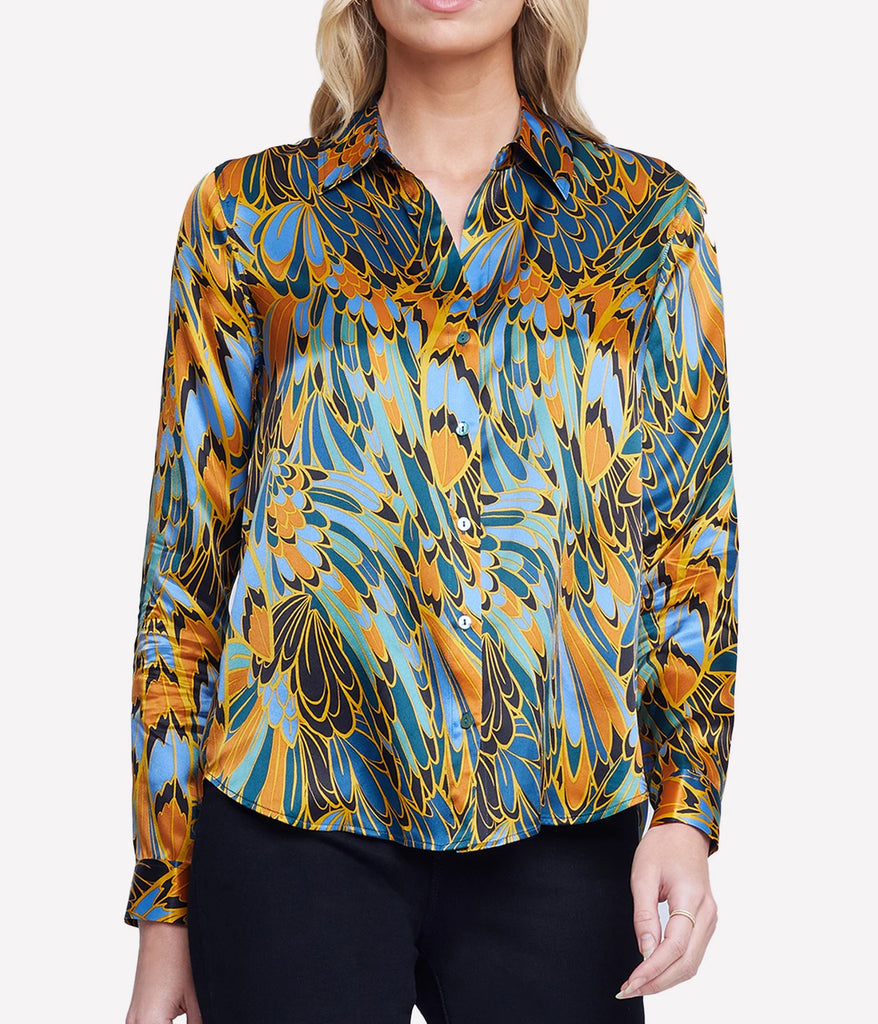blue and orange feather detailing long sleeve silk shirt by L'Agence.