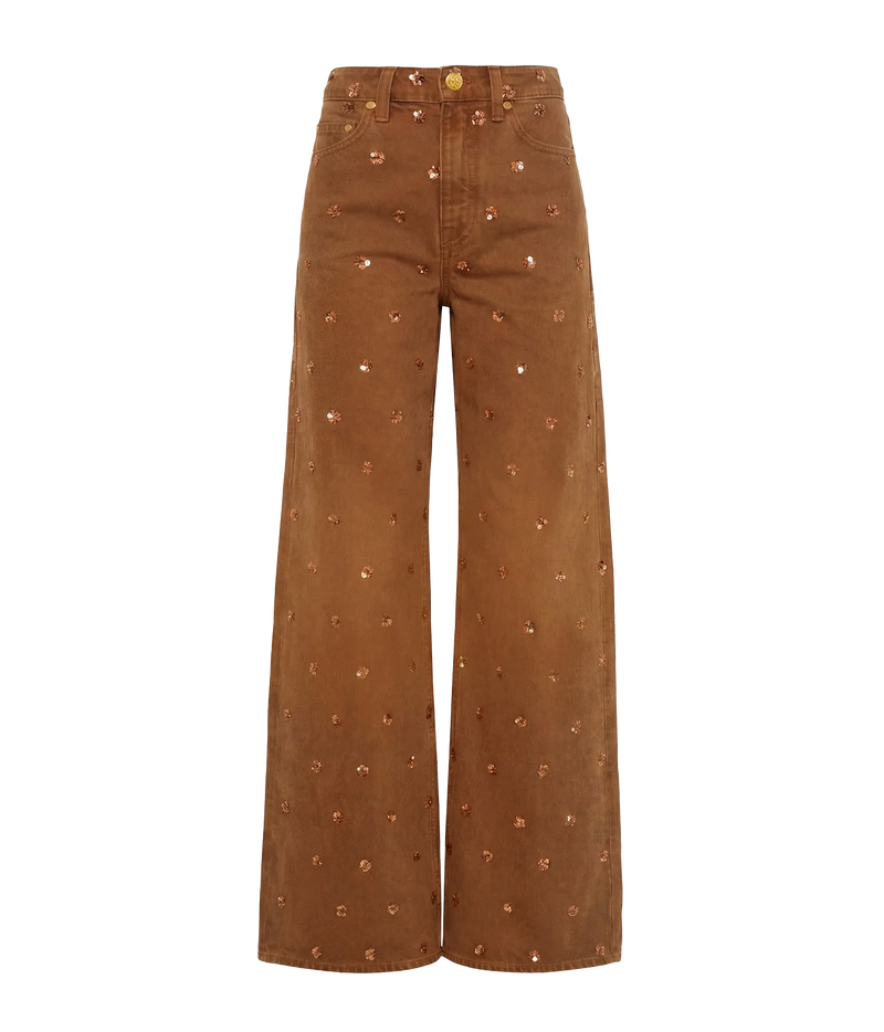 Ulla Johnson The Willow Embellished Wide Leg Jean in Umber front product view